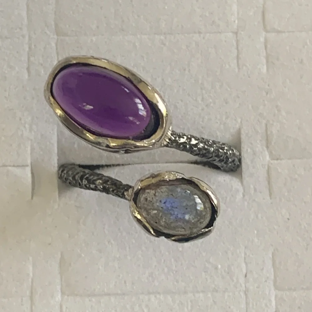 Sterling Double Stone Open Ring with Purple and Iridescent Gemstones - Picture 6 of 8